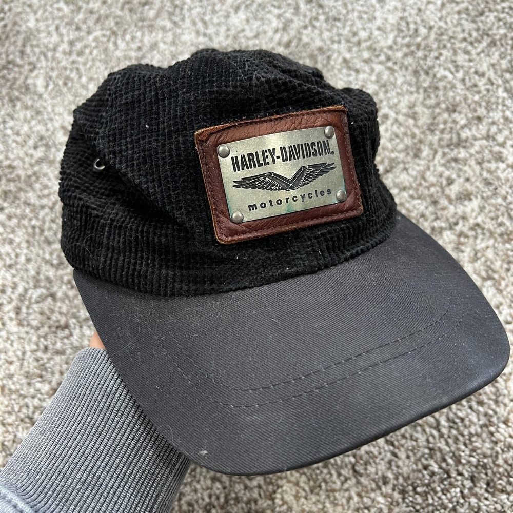 VTG Harley Davidson Stainless Steel Patch Corduroy Hat Motorcycle Biker Black